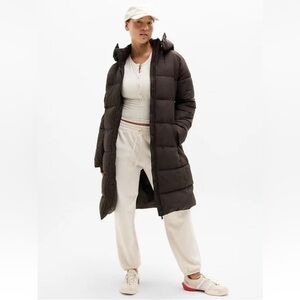 ATHLETA Stratus Puffer Long Parka Hooded Coat in Truffle Brown Sz Medium